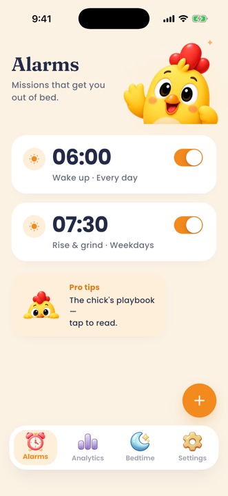 uAlarm home screen with the chick mascot and two alarms